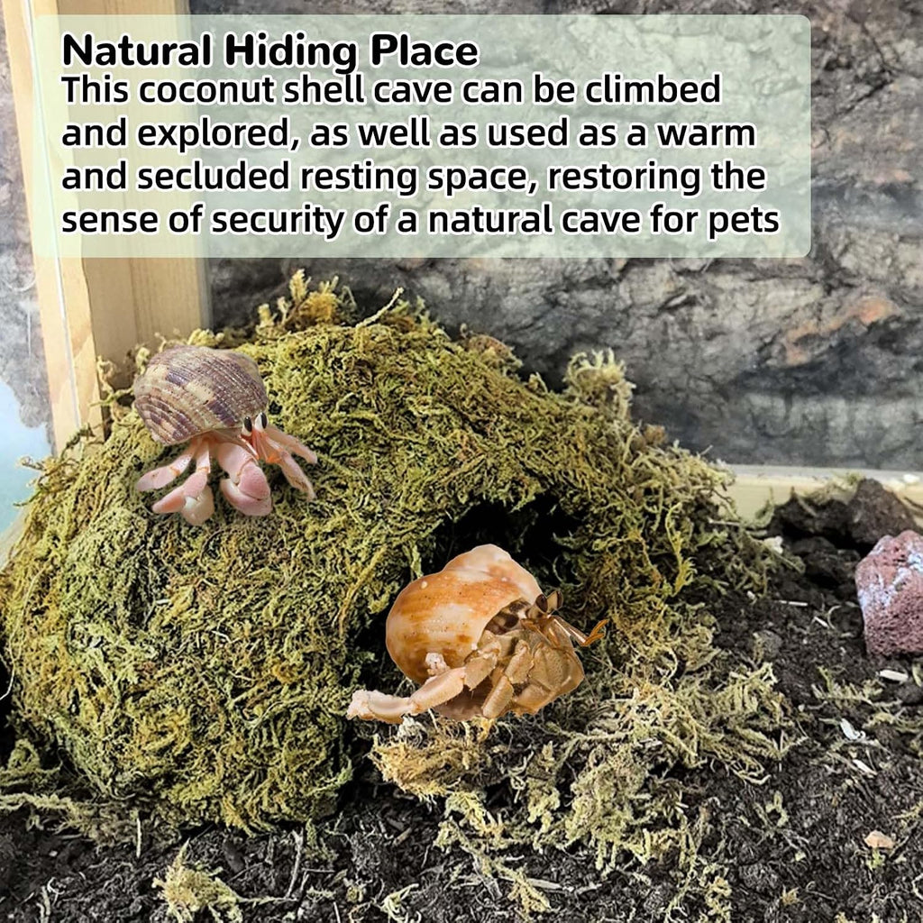 1PCS Leopard Gecko Hide, Coconut Reptile Hides Cave, Snake Hideout Mossy Caves Climbing Hide Reptile Tank Decor for