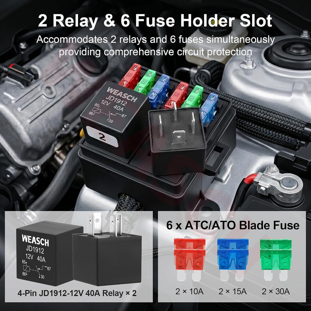 12V 6-Way Pre-Wired Fuse Relay Box with 2X 40A 4-Pin SPST Relays
