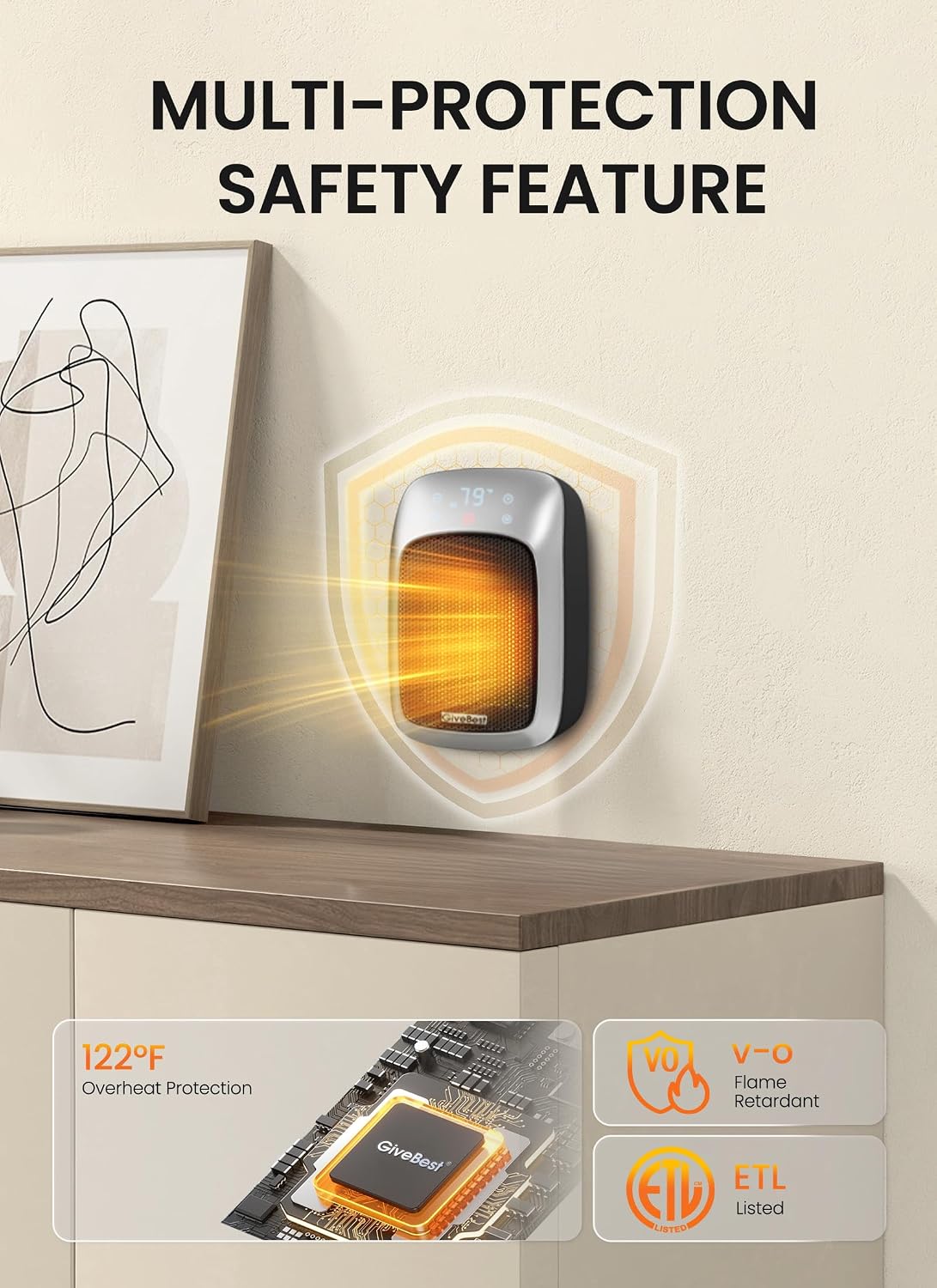 Plug in Wall Space Heater With Remote, 800W Small Outlet Heater | Adjustable Thermostat, Memory Function, ECO Energy