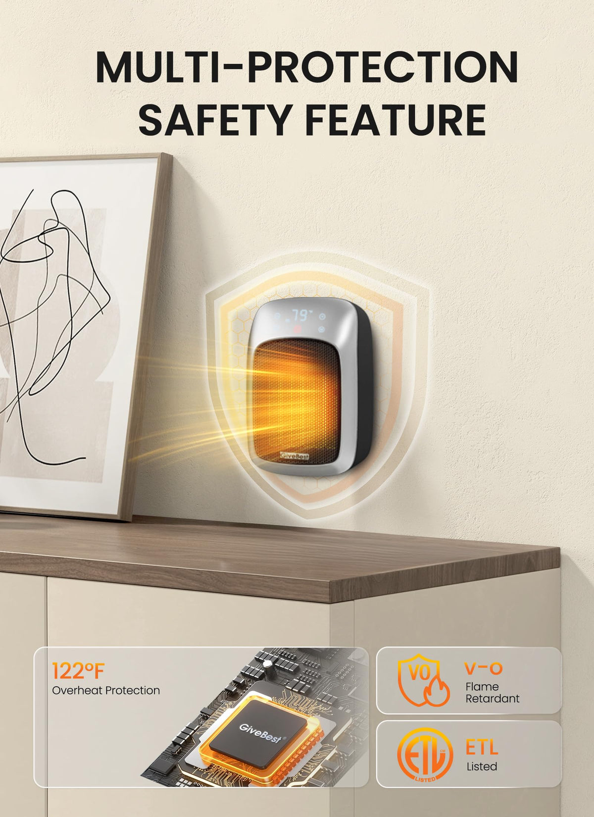 Plug in Wall Space Heater With Remote, 800W Small Outlet Heater