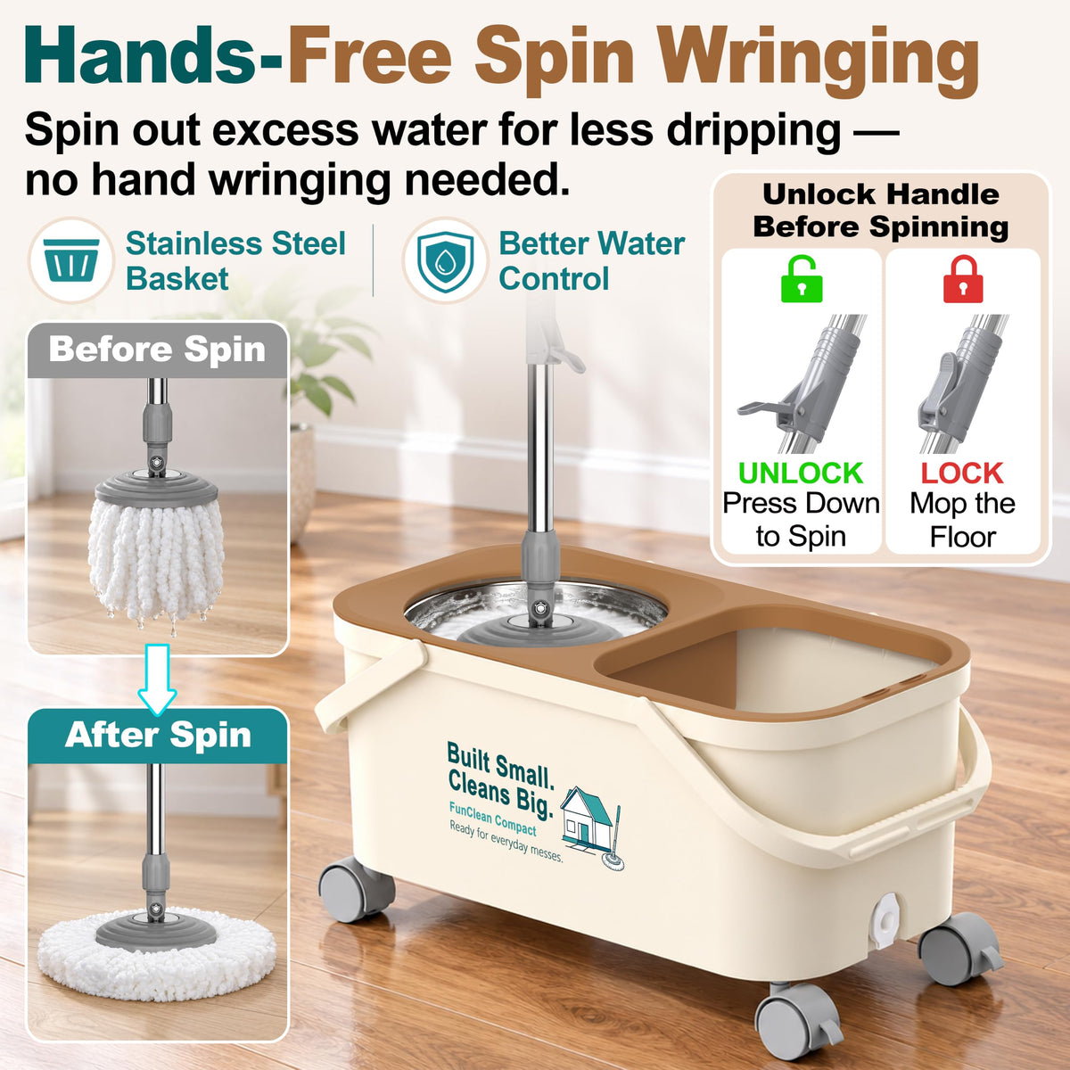 FunClean Compact Mop Bucket Set, 4 Swivel Wheels, 1.5 Gal Capacity, Green