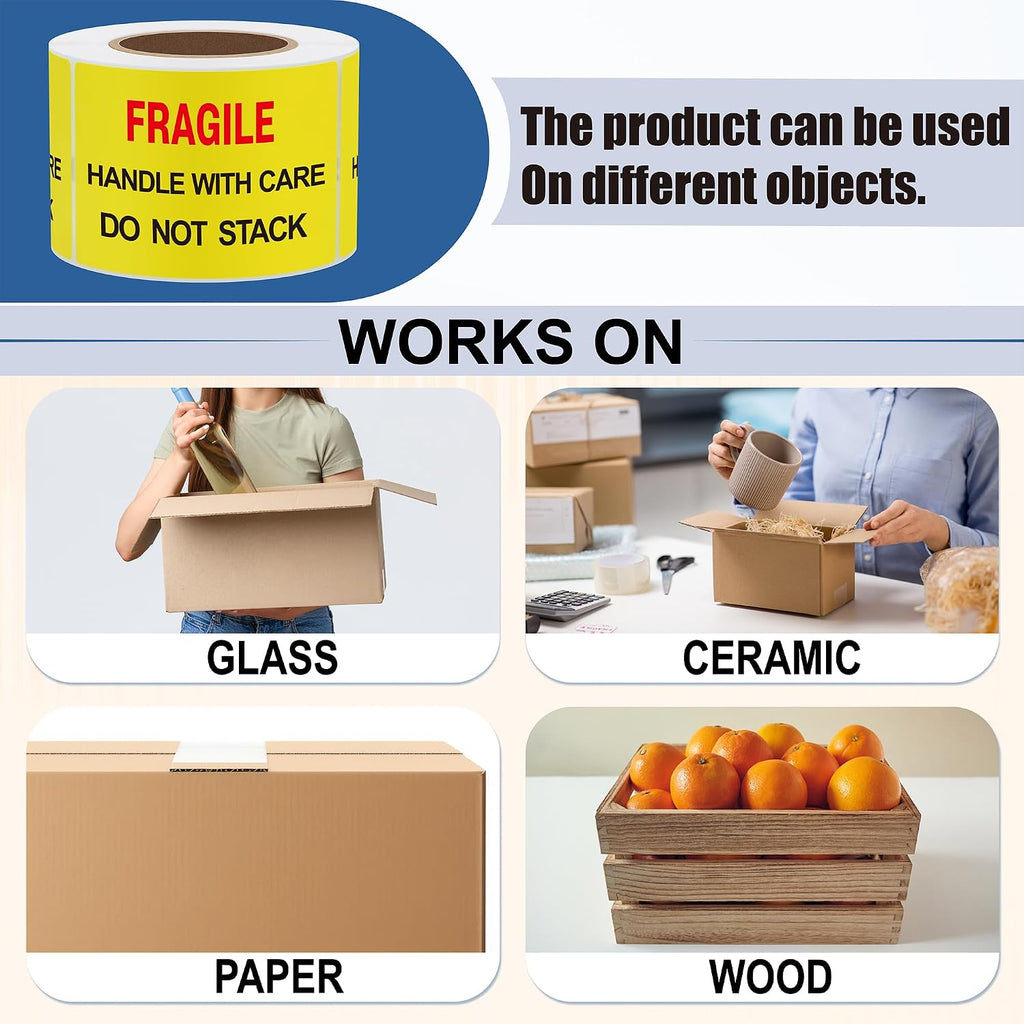 2x3 inch 300pcs Fragile Stickers for Shipping Moving Handle with Care Do Not Stack Yellow Warning Labels (Type 1)