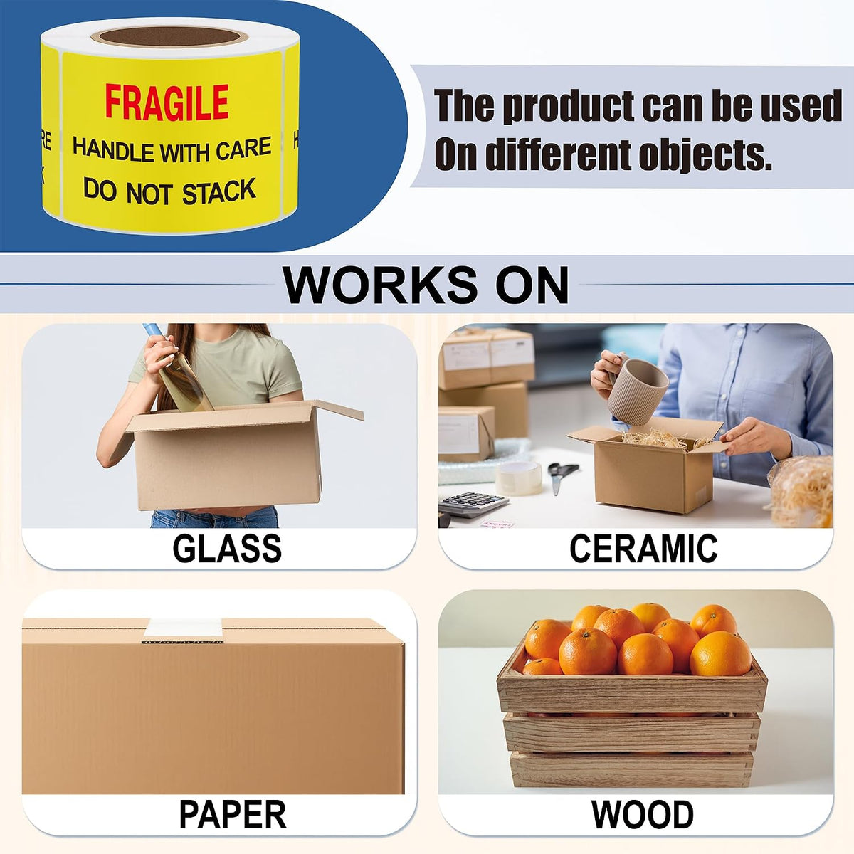 2x3 inch 300pcs Fragile Stickers for Shipping Moving Handle with Care Do Not Stack Yellow Warning Labels (Type 1)