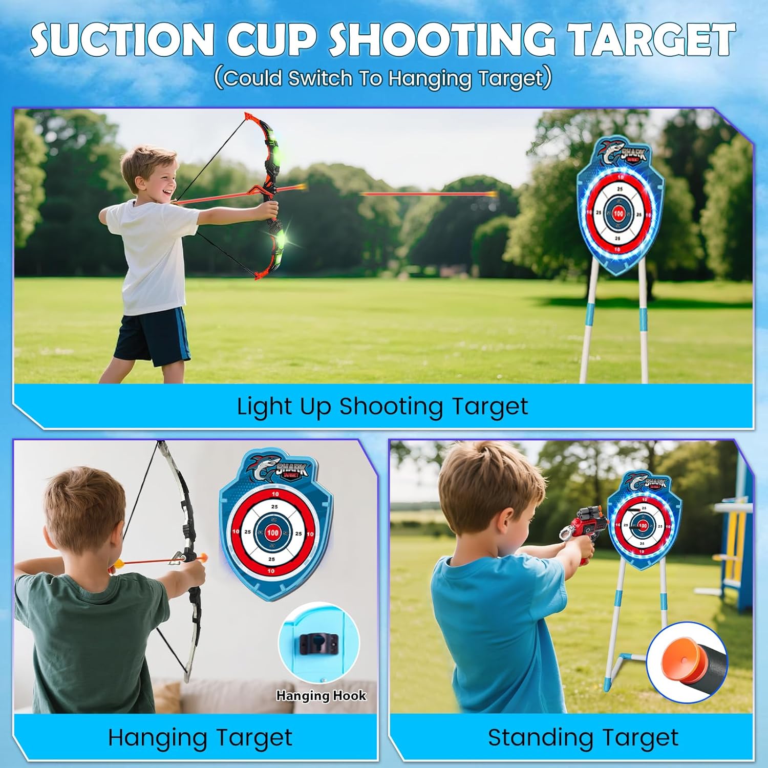 2 Pack Bow and Arrow Toy with LED Light - 4 in 1 Archery & Dart Game Set with 20 Suction Cup Arrows, Shark Glow