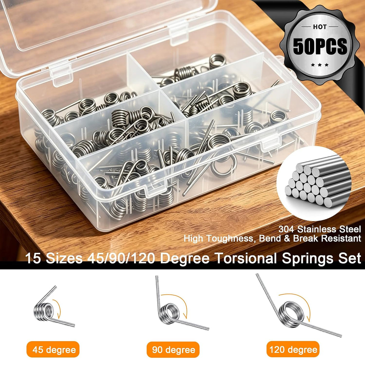 50 PCS Torsional Springs Assortment Kit, 45/90/120 Degree 15 Sizes 304 Stainless Steel Mechanical Small Torsion
