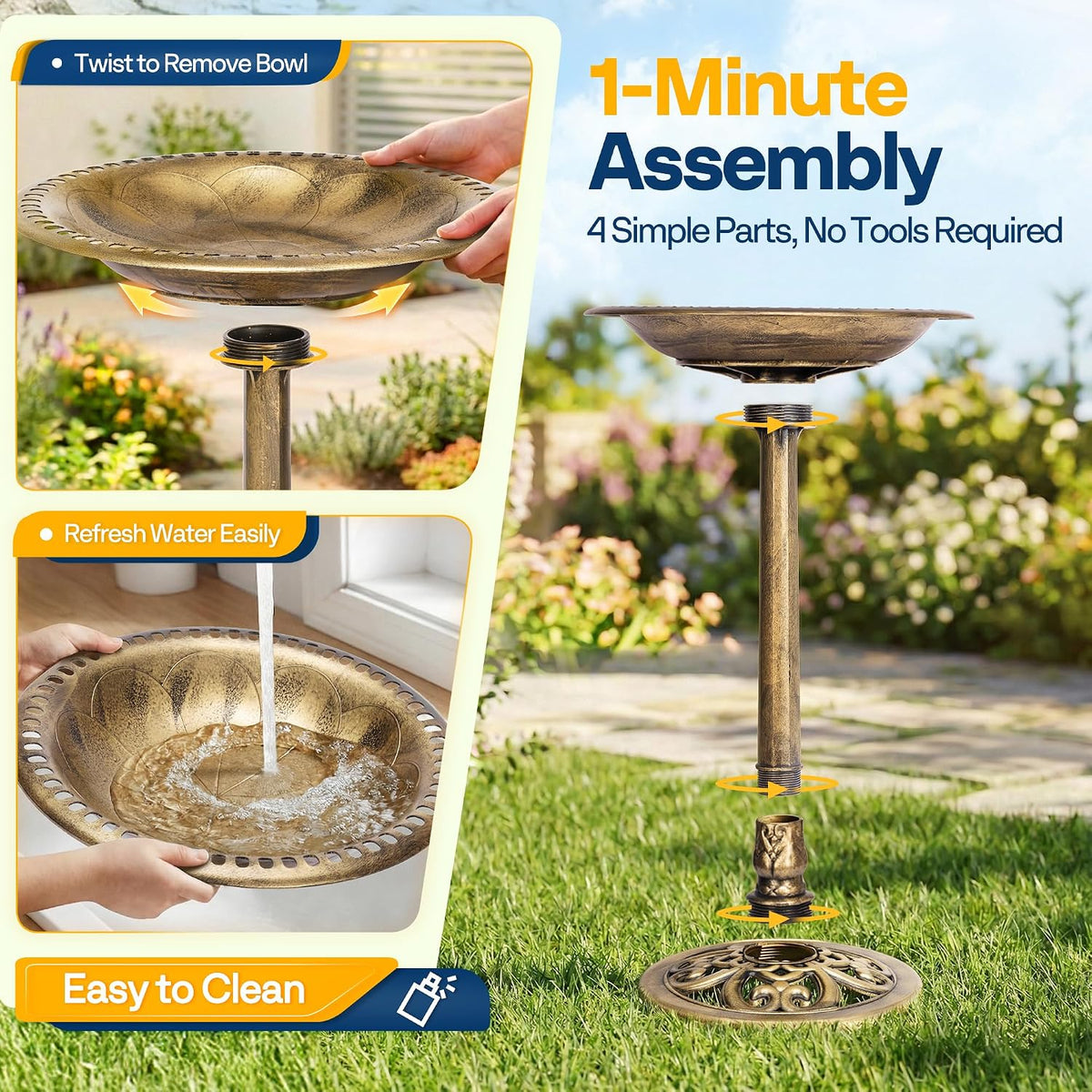 Bird Bath with Solar Fountain for Outside, Pedestal, Golden