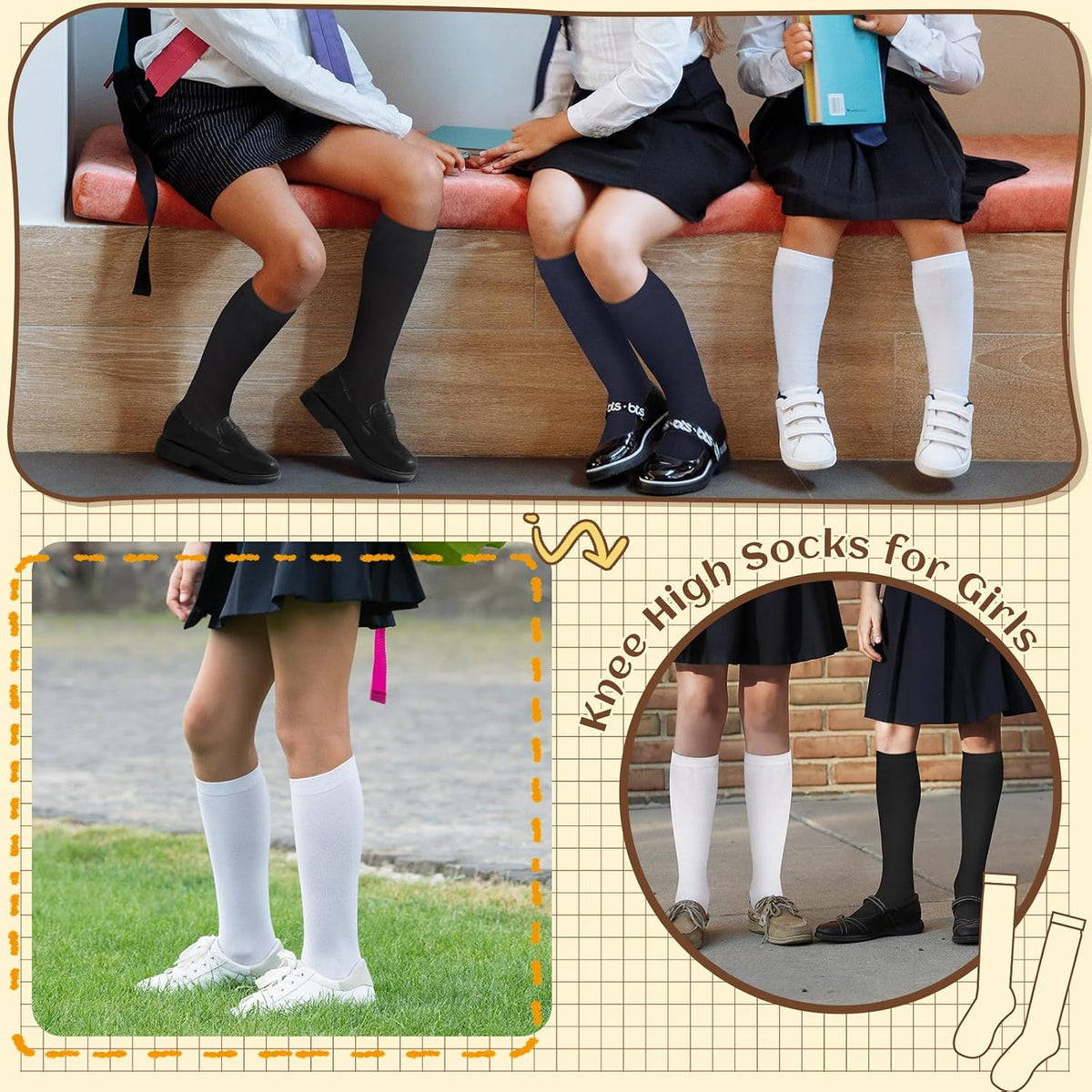 Knee High Socks for Girls Boys Kids, Cotton, Seamless, 4 Pairs | School Uniform Socks, Over The Knee