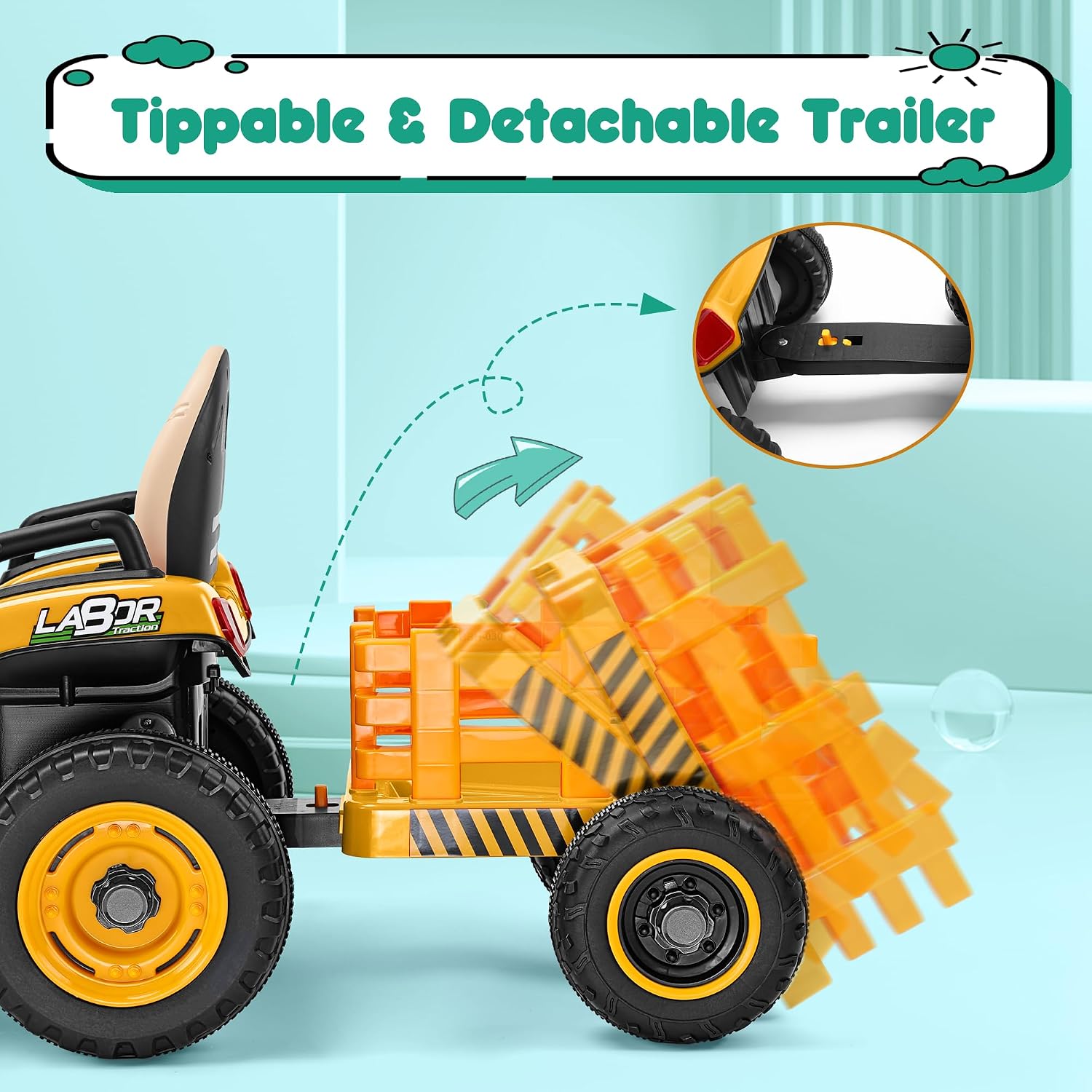 Ride On Tractor with Tiltable Trailer, 12V Battery Powered Ride On Toy w/Parent Remote Control, Music Player &