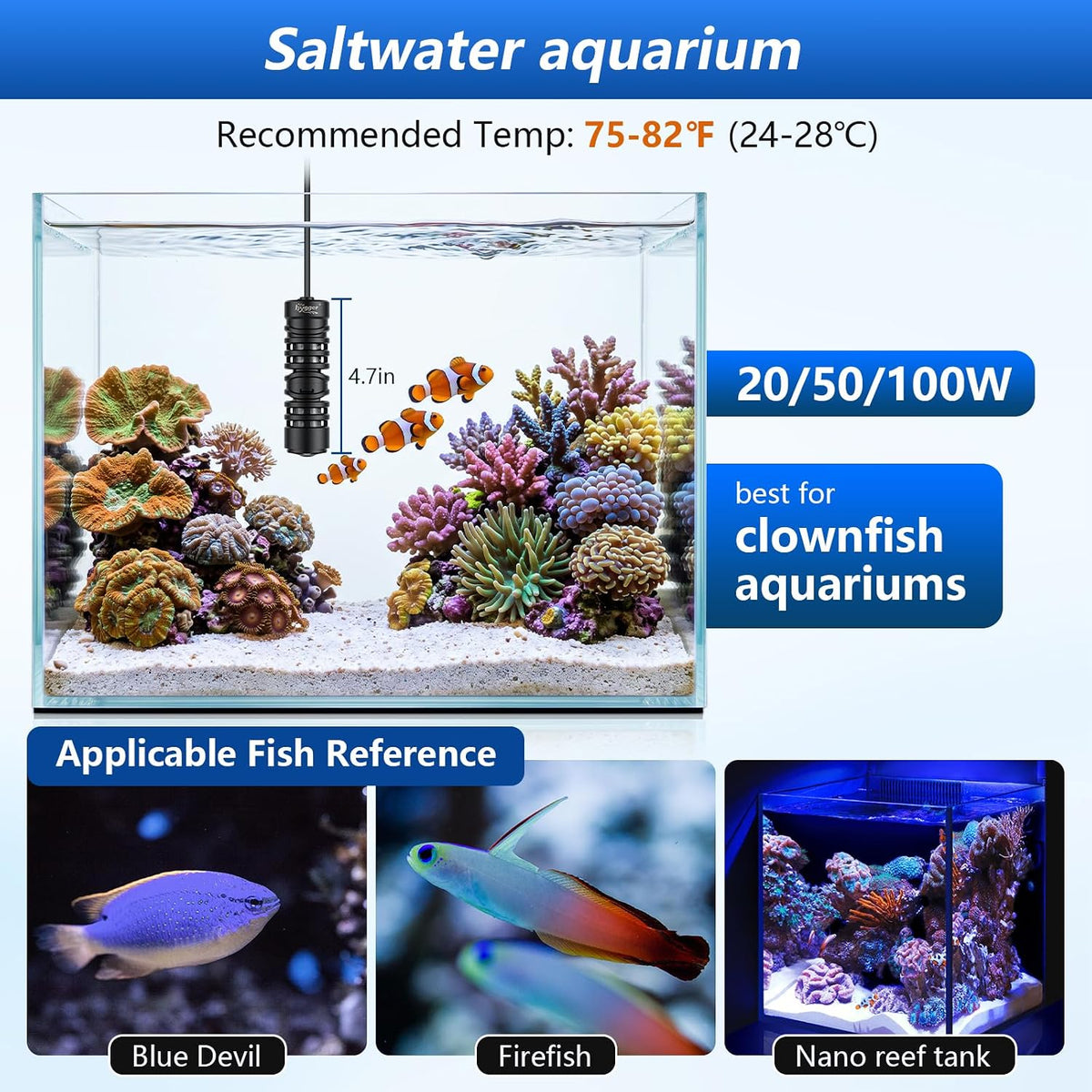 50W Small Aquarium Betta Heater for 5/6/7/8/9/10 Gallon Fish Tank,Submersible Fish Tank Heater with LED Digital