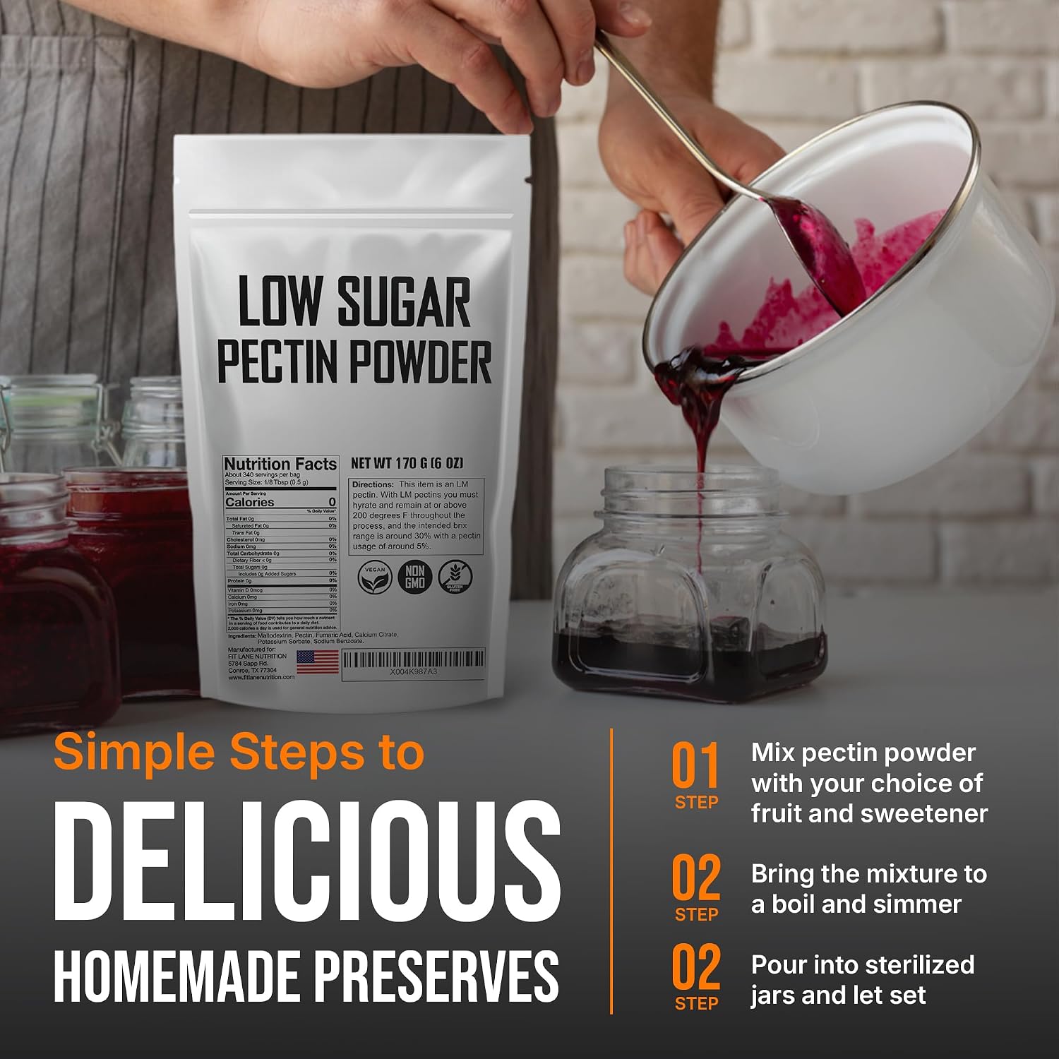 Low Sugar Pectin for Canning Jam & Jellies 6 oz, Natural, Vegan and NON-GMO