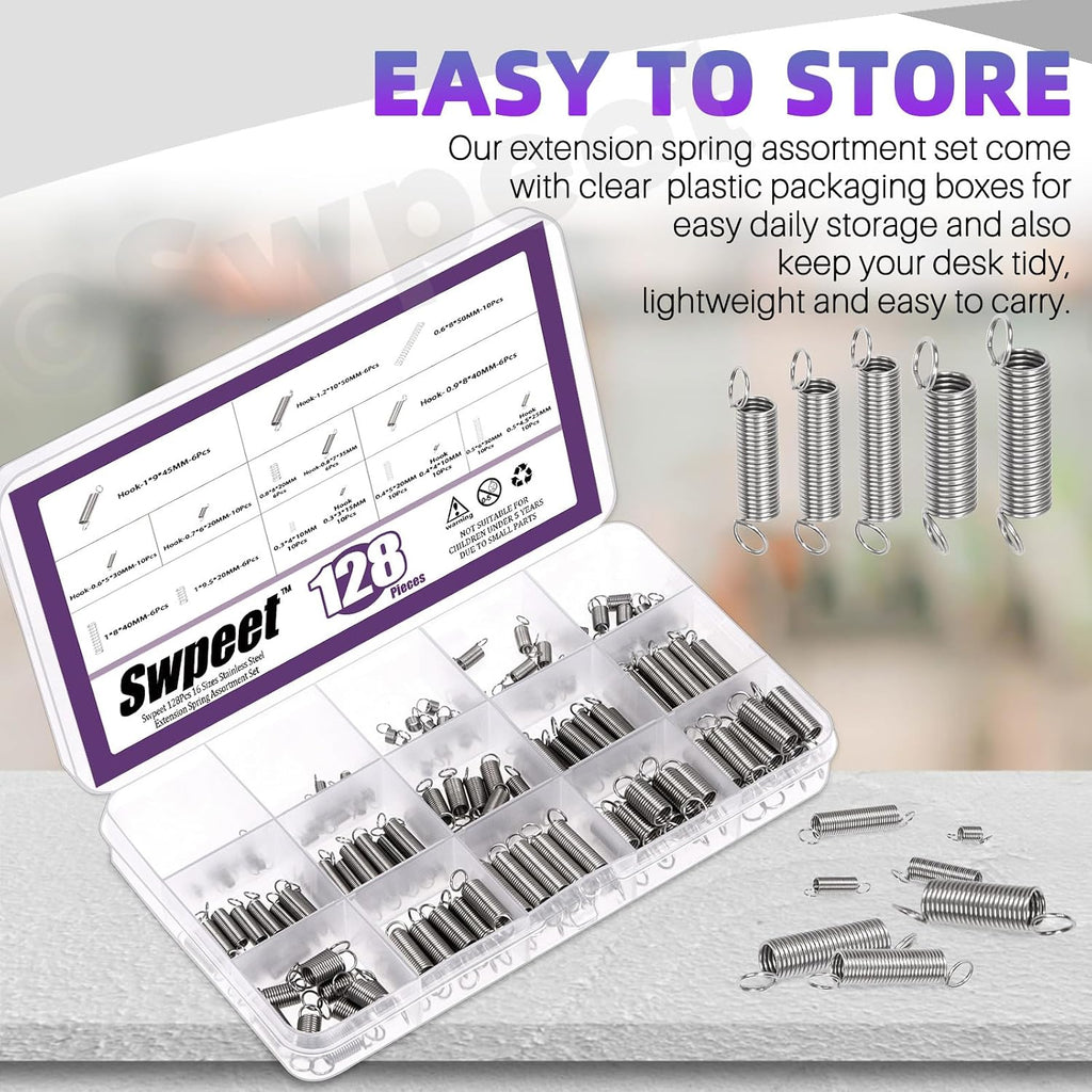 150Pcs 15 Different Sizes Stainless Steel Extension Spring with a Dual Hook Assortment Kit, Mechanical Extension