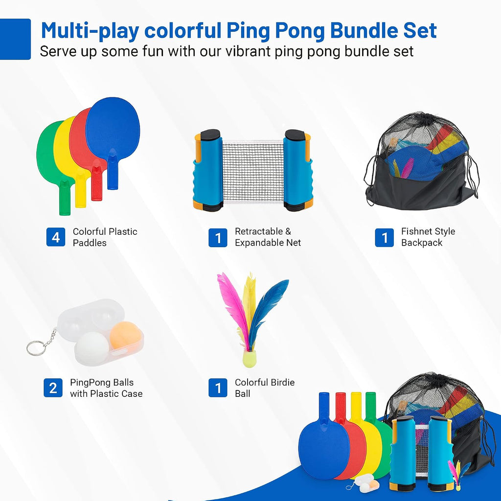Plastic Portable Ping Pong Paddles Set of 4 Table Tennis Paddles with Retractable Ping Pong Net - 2 Ping Pong Balls