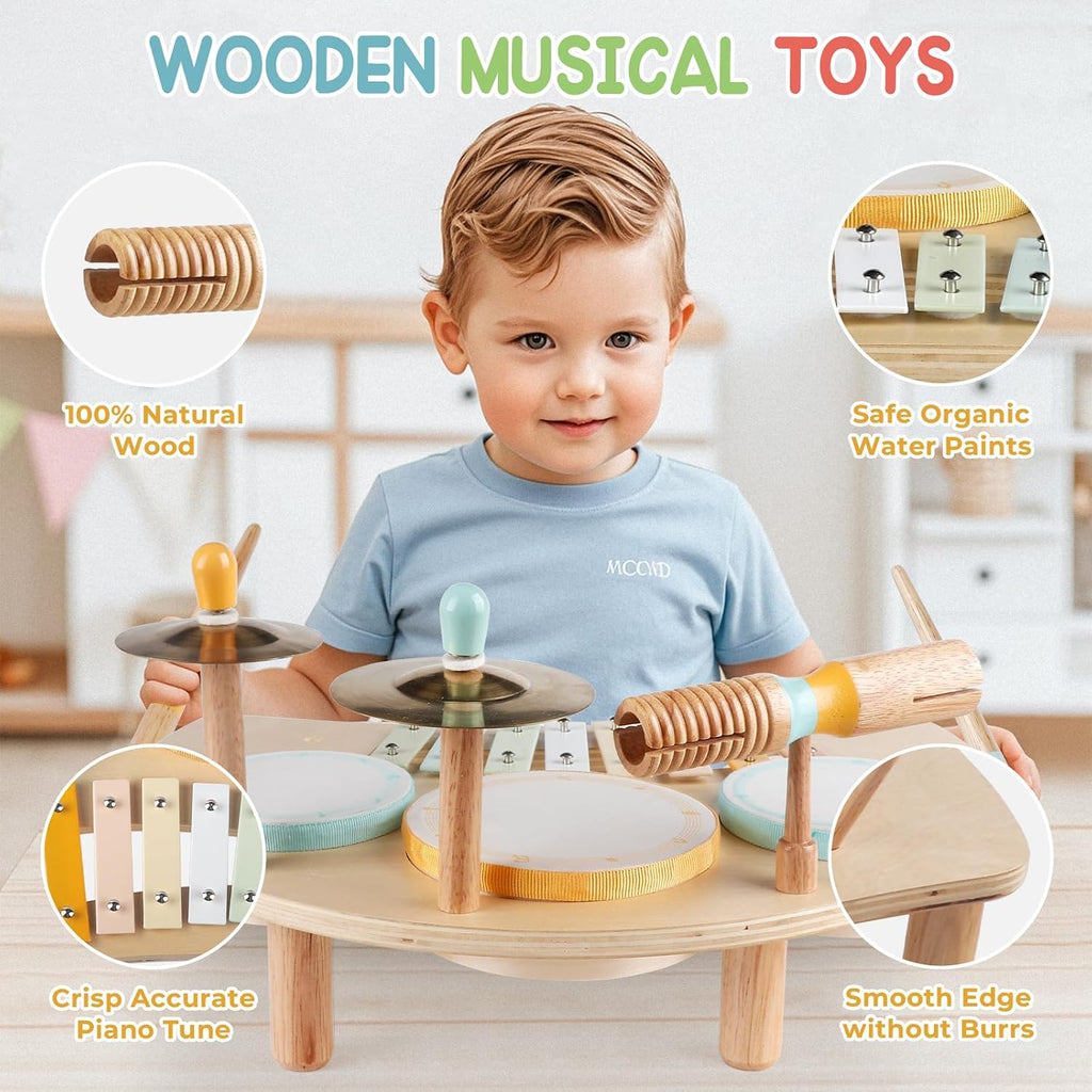 Kids Drum Set, Montessori Toys Wooden Musical Instruments for Baby Toddlers | Drum Kit with Cymbals & Xylophone