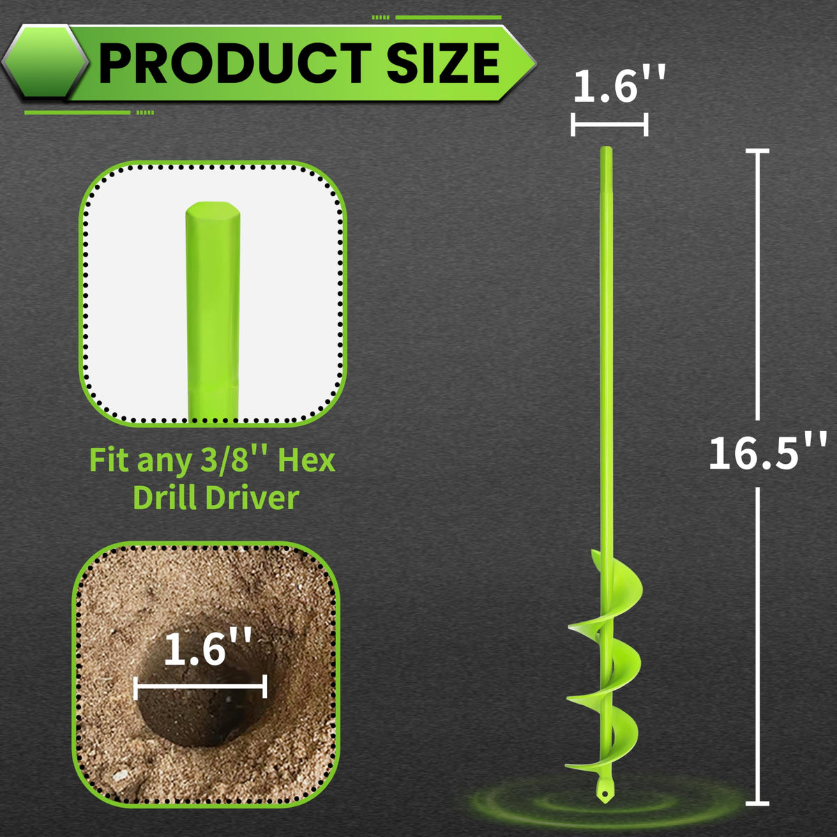 1.6"x16.5" Green Garden Auger Drill Bit for Planting, Post Hole Digger
