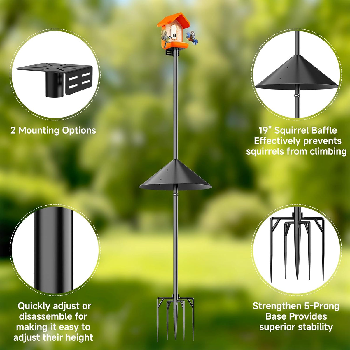 79" Smart Bird Feeder Pole Stand with 19" Proof Squirrel Baffle - Dia 1 Inch Bird House Pole for Camera Birdfeeder