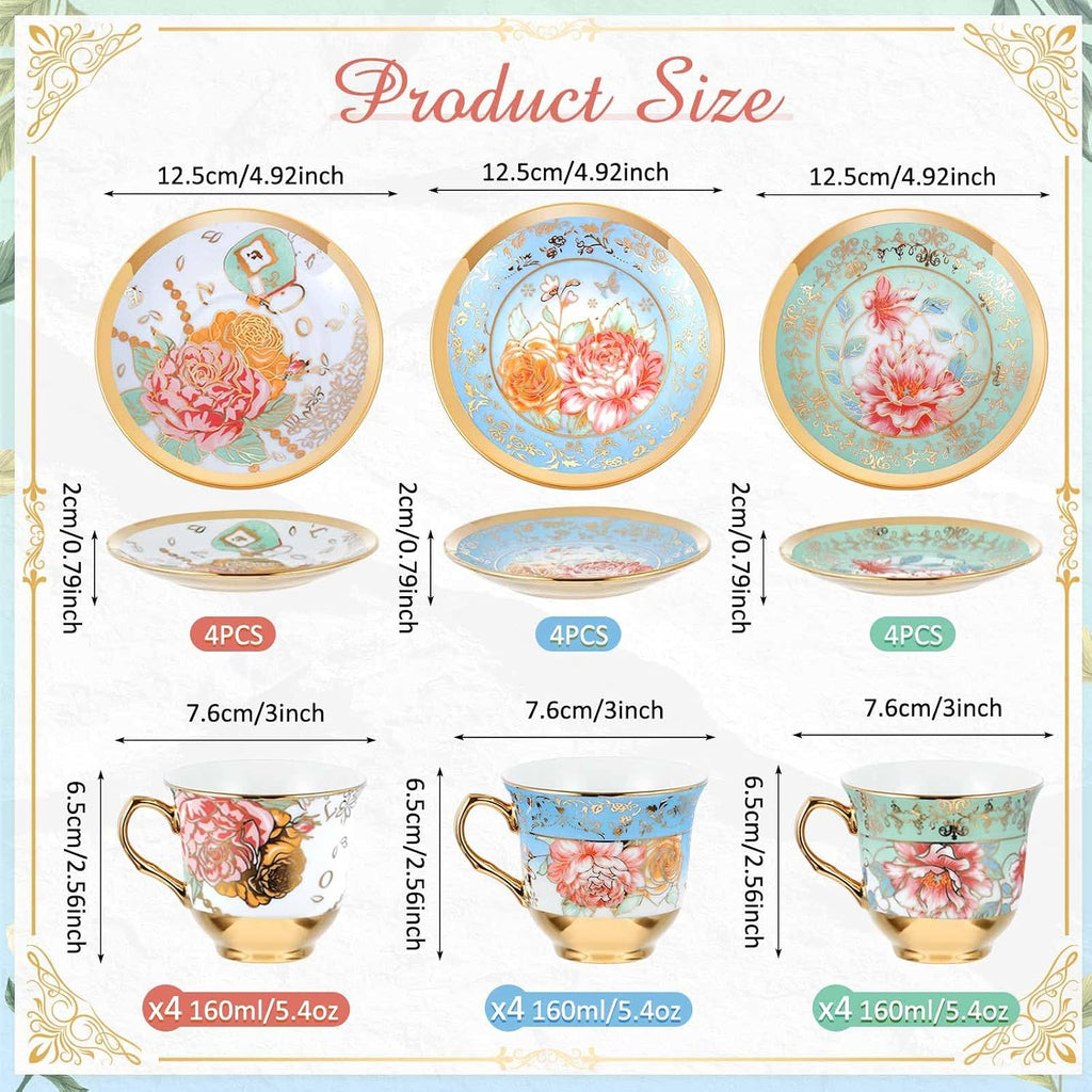 Set of 12 Tea Cups and Saucers, Classic Style, 5.4 oz