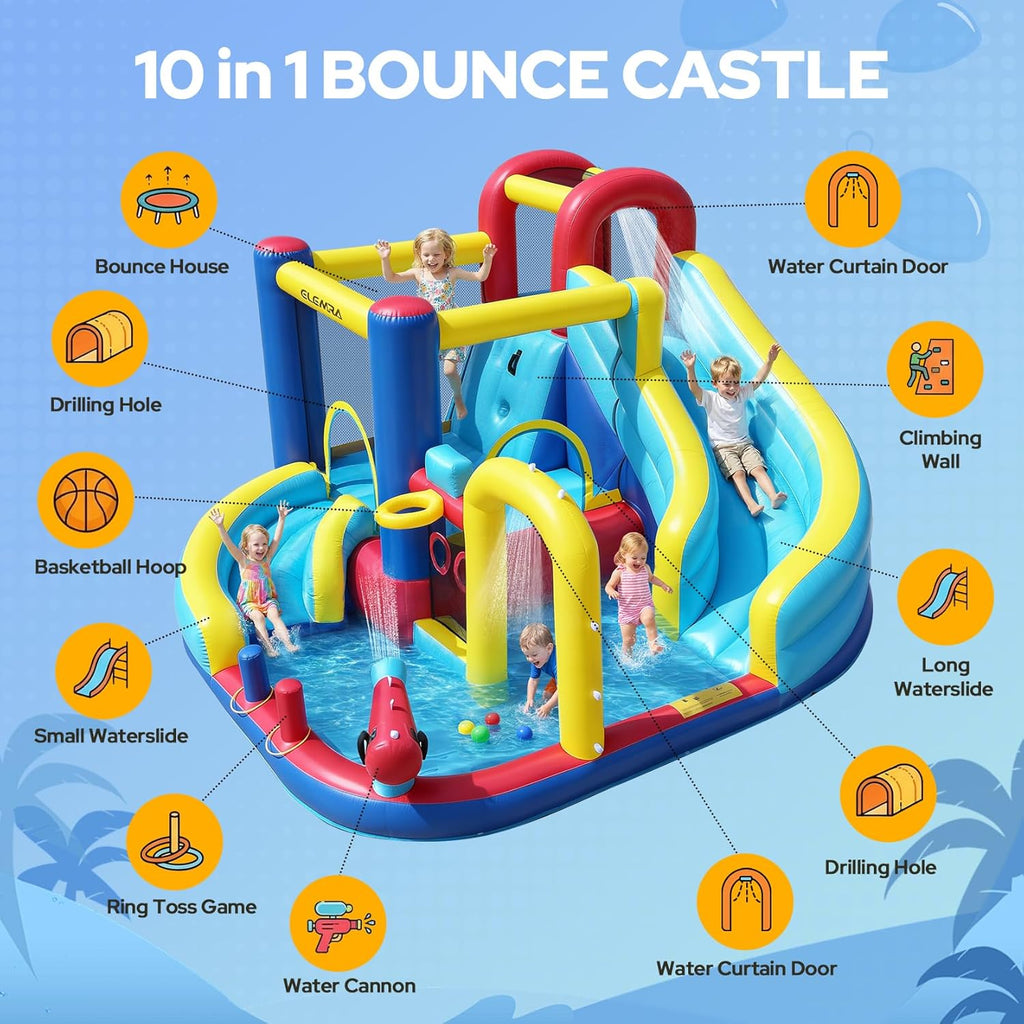 10 in 1 Inflatable Water Slide Bounce House, Inflatable Bounce House with Blower, Dual Slides & Climbing Walls &