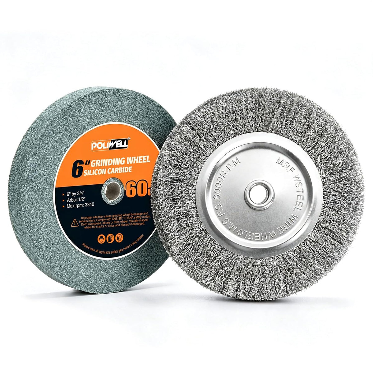 6" Bench Grinder Wheel 60 Grit & Wire Wheel Brush with 1/2" Arbor