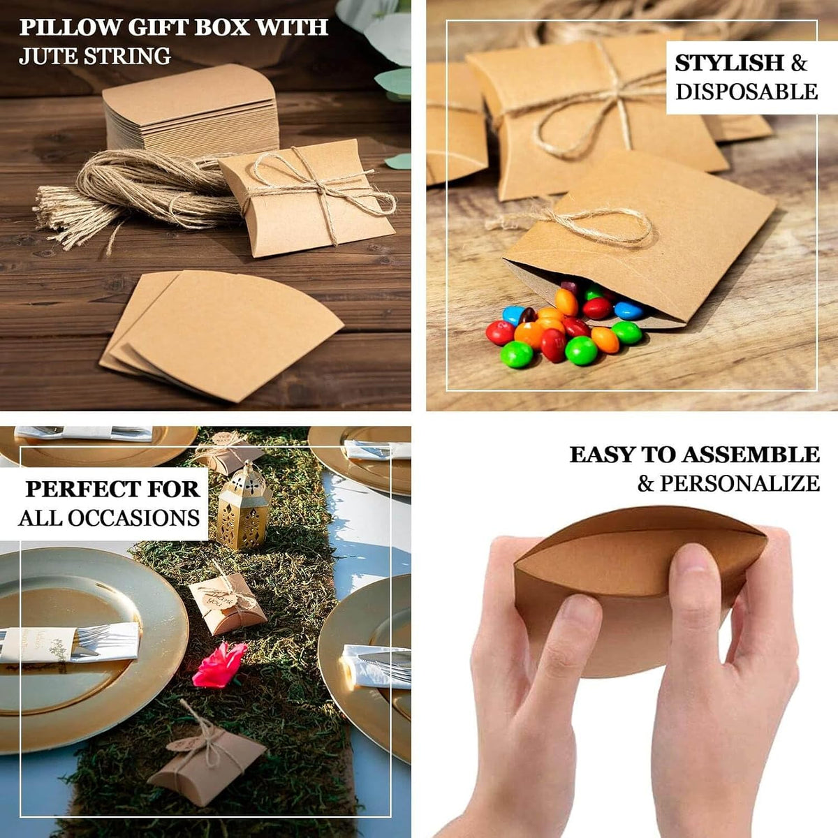 Efavormart 50 Pack 4.5"x3.5" Natural Rustic Party Gift Boxes with Jute Rope Tie, Paper Wedding Favor Pillow Box Set