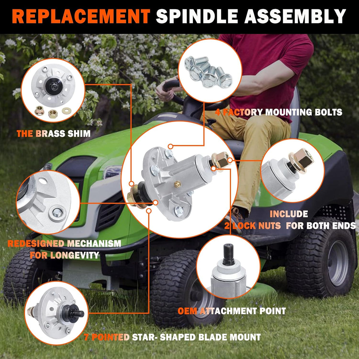 Deck Spindle Assembly - Replace for John Deere 100 Series 42", 48", 54" Deck Lawn Tractors - L100-L130, LA105-LA175