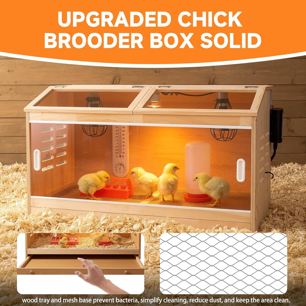 Large Wooden Chick Brooder Box with Drawers, 3 Heat Lamps and Thermostat