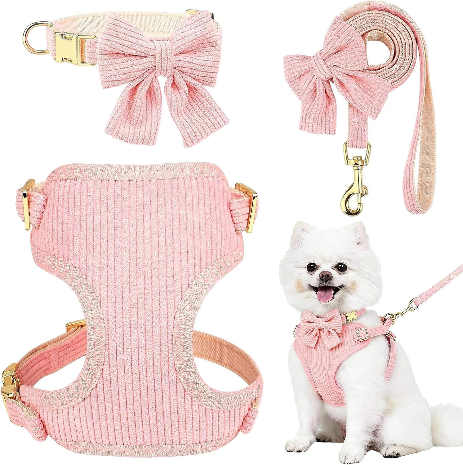 Small Dog Collar Harness and Leash Set, Dog Harness no Pull with Bowtie, Breathable Cotton Adjustable Pet Puppy
