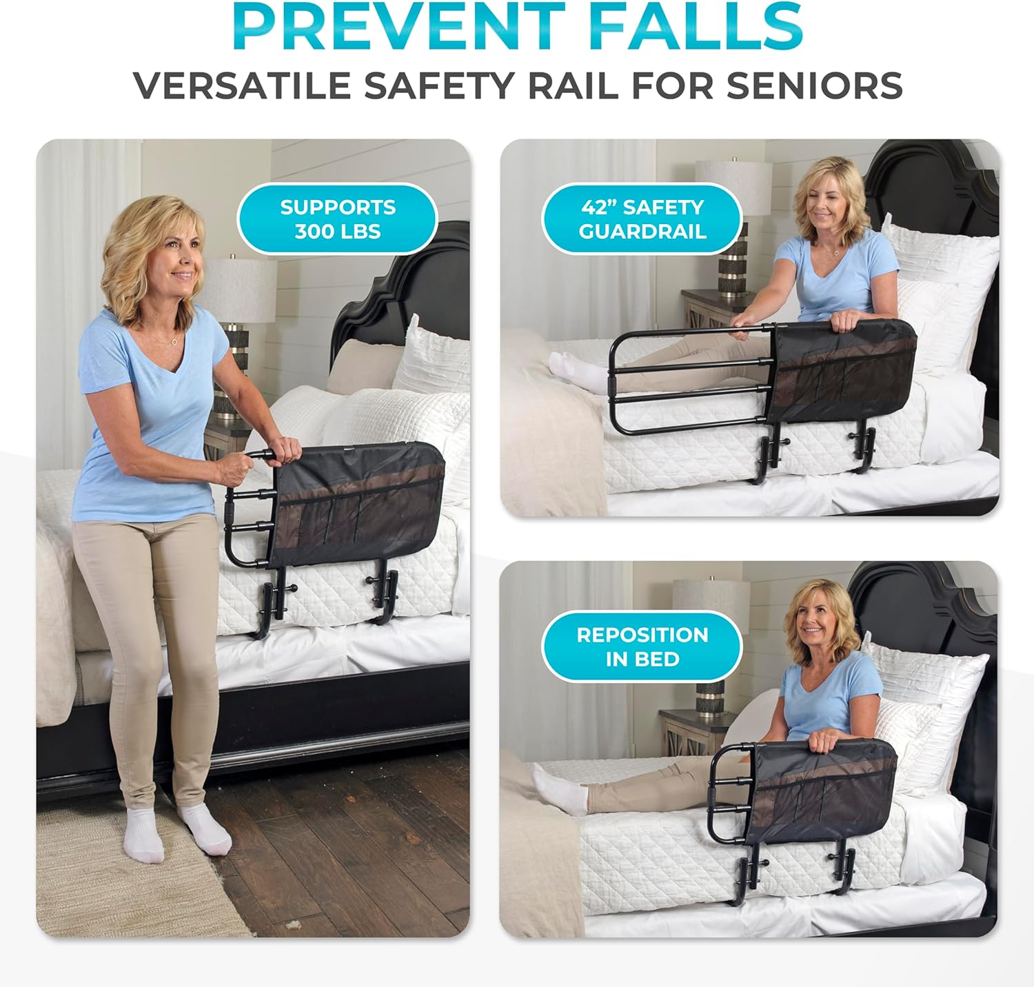 EZ Adjust Bed Rail, Adjustable Senior Bedrail and Safety Assist Railing for Elderly Adults with Organizer Pouch, ASTM