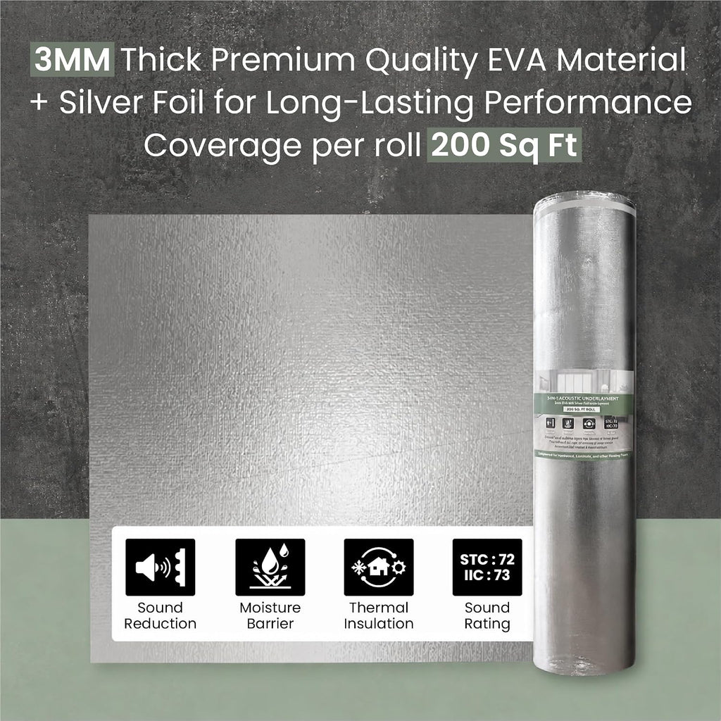 3-in-1 Acoustic Premium Floor Underlayment - 200 sqft Roll - 3mm Thick EVA with Silver Foil Vapor Barrier - Moisture