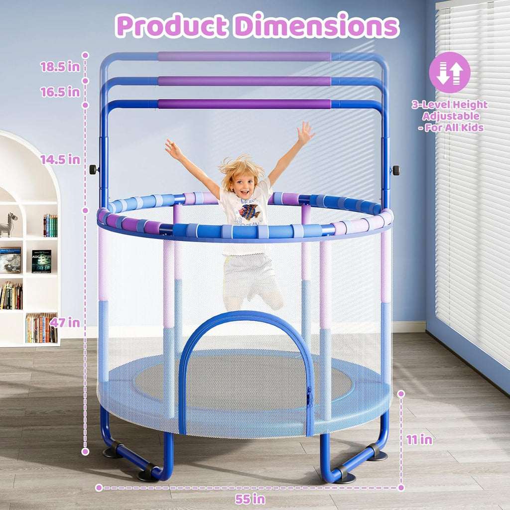 55" Trampoline for Kids with Enclosure, 6-in-1 Toddler Trampoline Indoor Outdoor, Upgrade Full Anti-Rust Tube with