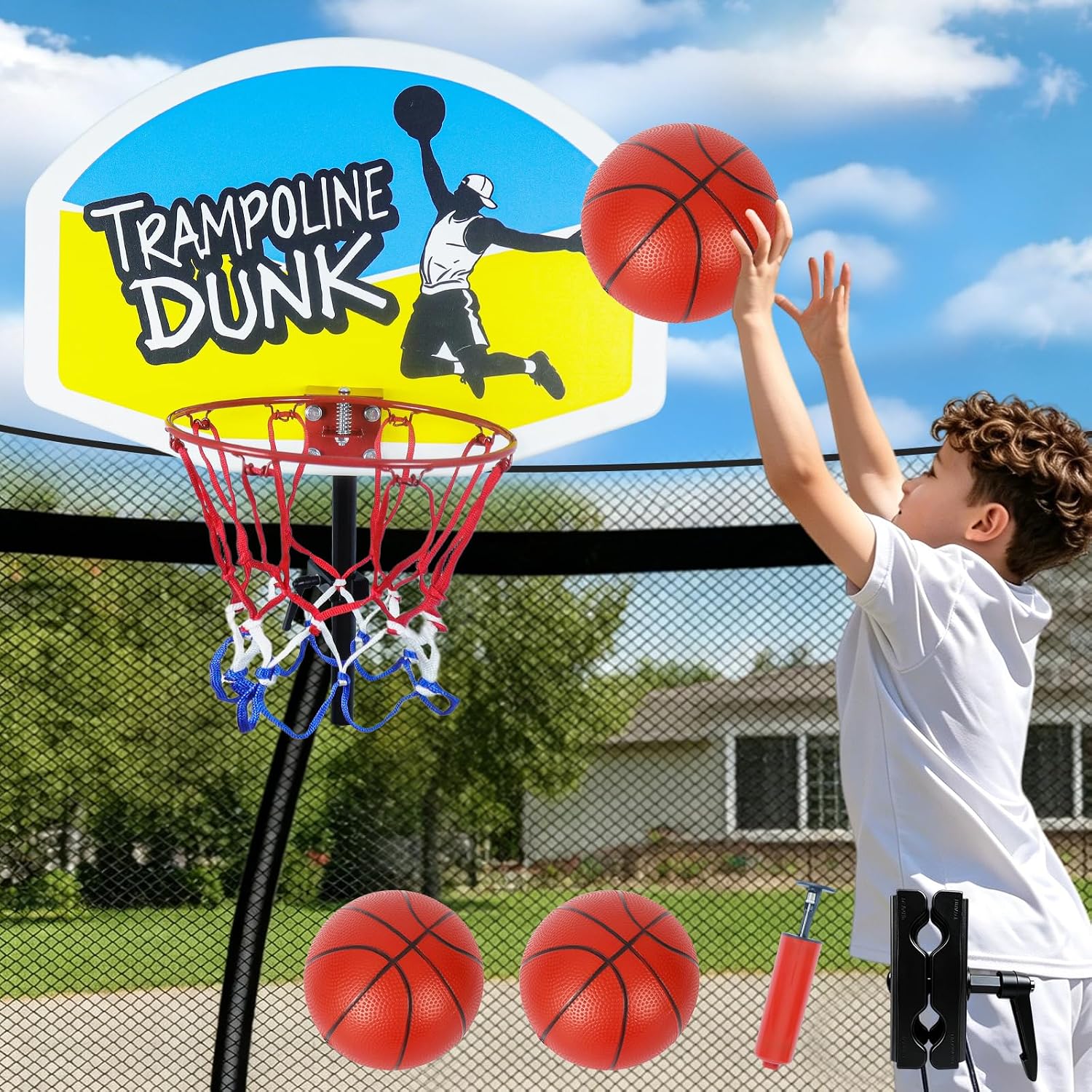 Trampoline Basketball Hoop, Universal Trampoline Accessories, Fits Straight Pole & Curved Pole, Upgraded Basketball