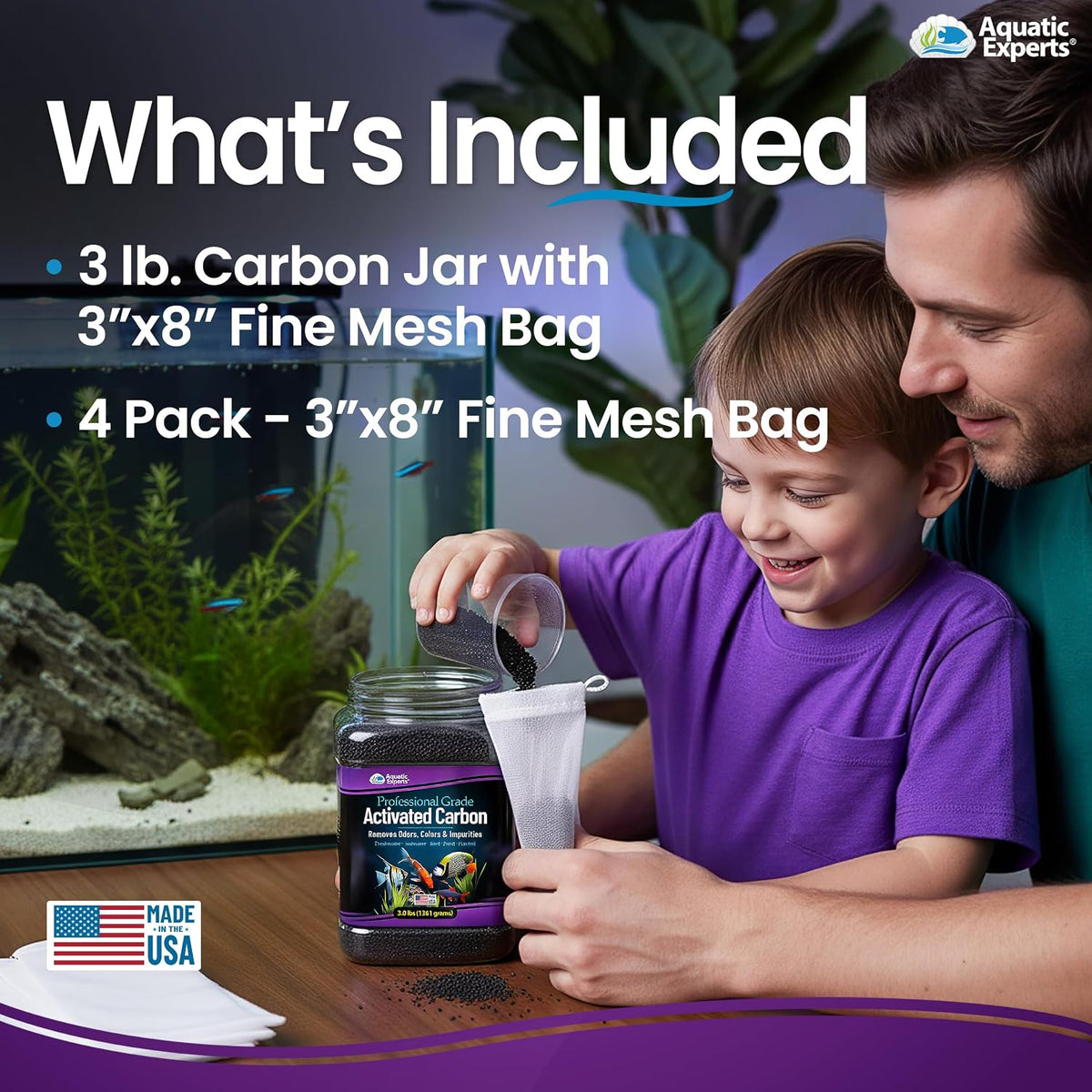 Premium Activated Carbon for Aquariums – 3 lbs Bulk Granulated Charcoal + Four 3" x 8" Fine Mesh Filter Bags
