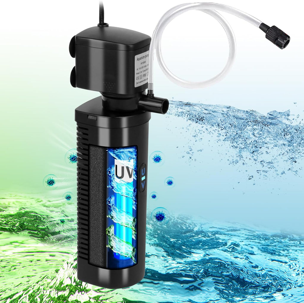 Aquarium Filter U-V for 20-75 Gallon, 200GPH Fish Tank Filter w/ 5W U-V Light Green Clean Machine Submersible