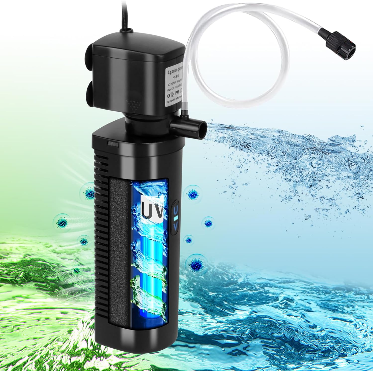 Aquarium Filter U-V for 20-75 Gallon, 200GPH Fish Tank Filter w/ 5W U-V Light Green Clean Machine Submersible