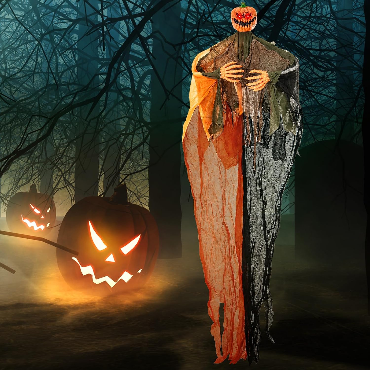 8.2 FT Hanging Pumpkin Ghost, Light-up Scary Prop for Haunted House with Red Glowing Eyes & Bendable Arms, Hanging