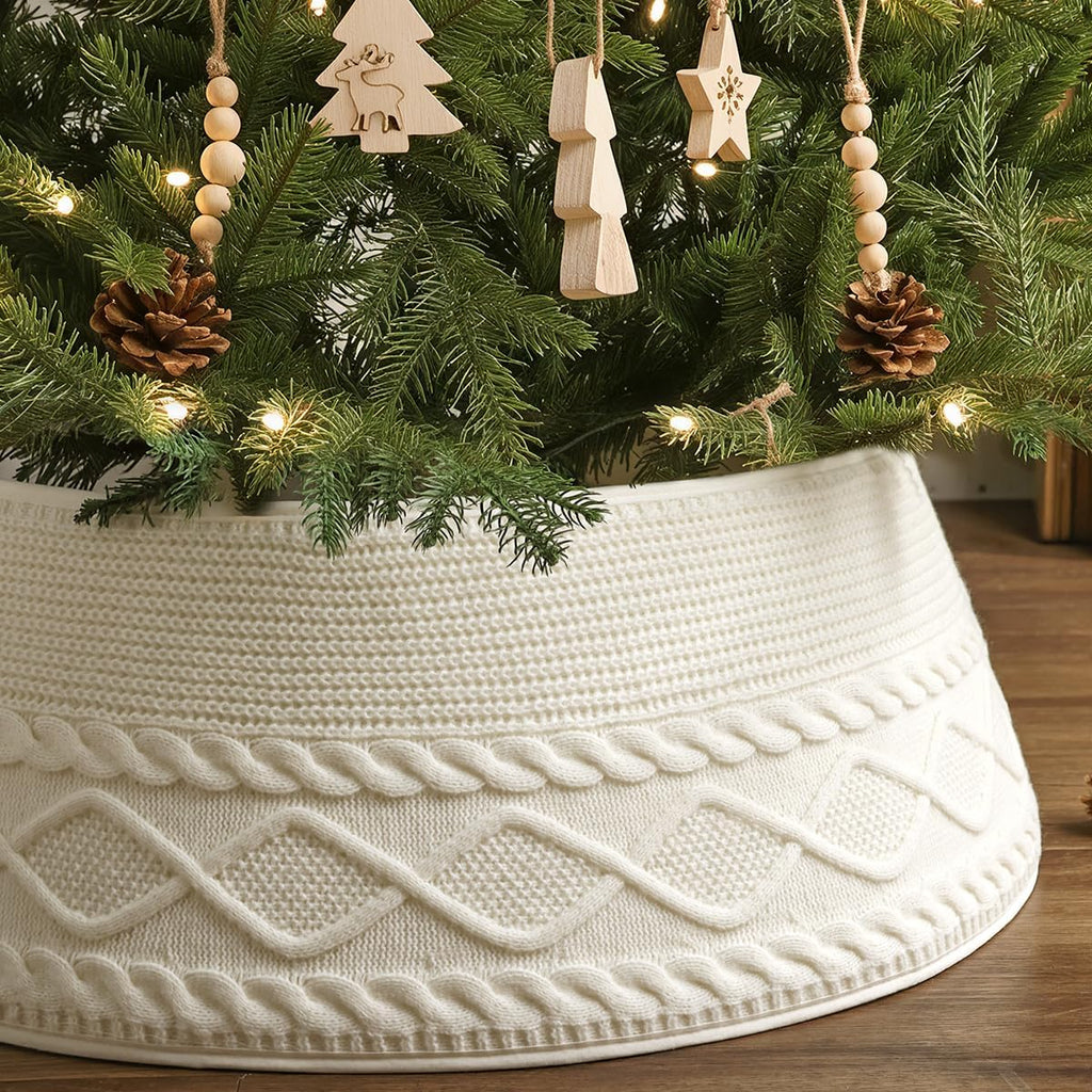 Knitted Christmas Tree Collar: Cream Crossed Diamond Edge Chunky Cable Knit Christmas Tree Collars for Artificial