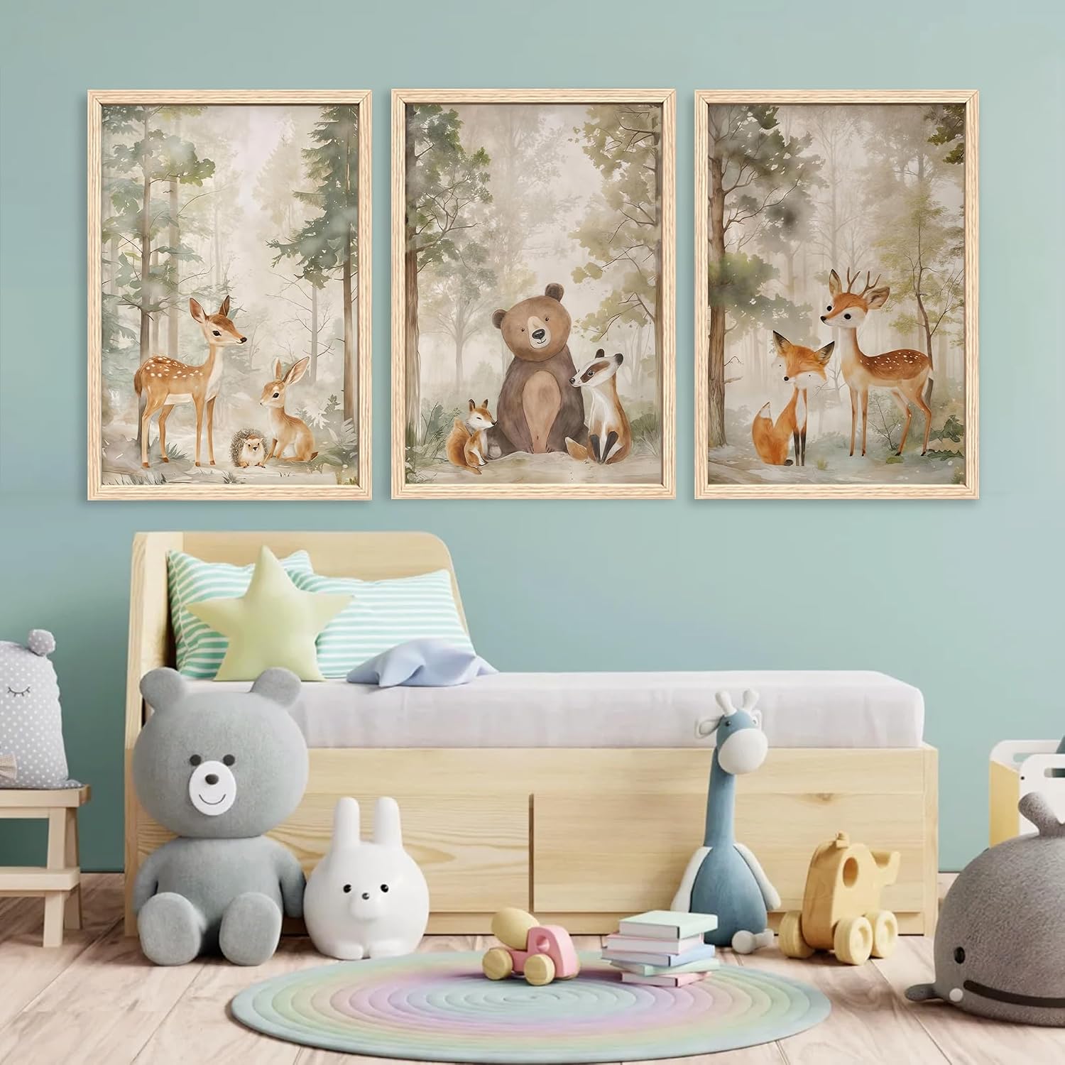 Woodland Animals Nursery Decor Framed Canvas Wall Art, 12x16 In 3pc | Cute Bear Fox Deer, Neutral Forest Animals