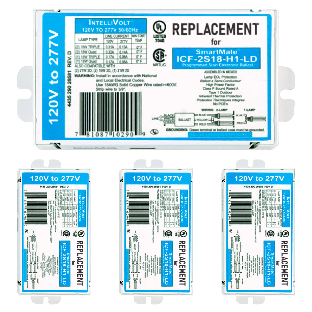 CFL Electronic Ballast, 2 Lamp, 18W, 120-277V, 4 Pack