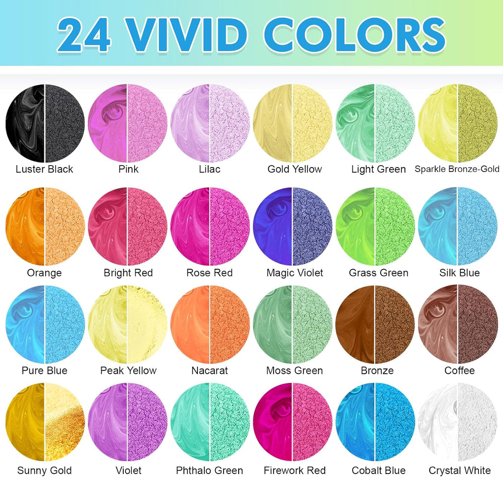 Mica Powder，24 Colors - 10g/Bottle of Natural Pigment Powder for Epoxy Resin，Soap Making，Candle Making,Lip Gloss,Car