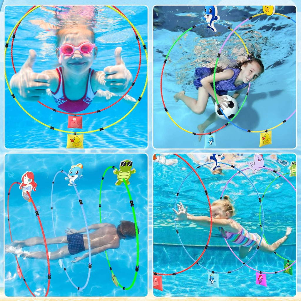 Diving Toys 15 PCS Pool Toys for Kids Age 4-8 8-12 Water Swim Thru Rings with Buoys and Sandbags Underwater Training