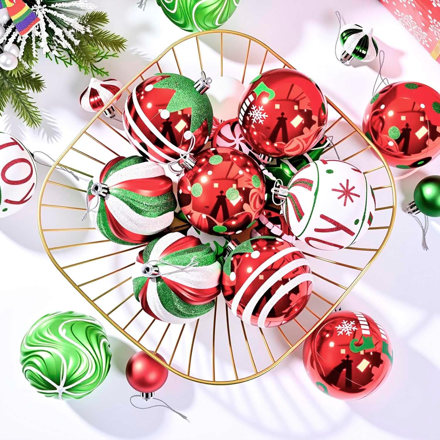 Christmas Tree Ball Ornaments Set, 42ct 3.15 Inches Red Green White Assorted Xmas Tree Ball Ornaments, Shatterproof