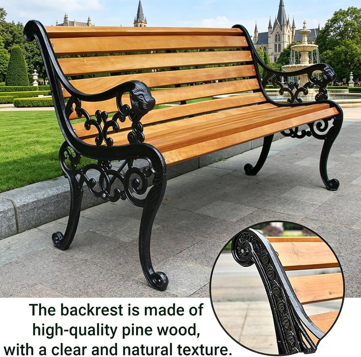 Outdoor Metal Garden Bench, 2-3 Person Patio Park Bench, Two-Seat Solid Wood Seat, Metal Frame, Backrest and