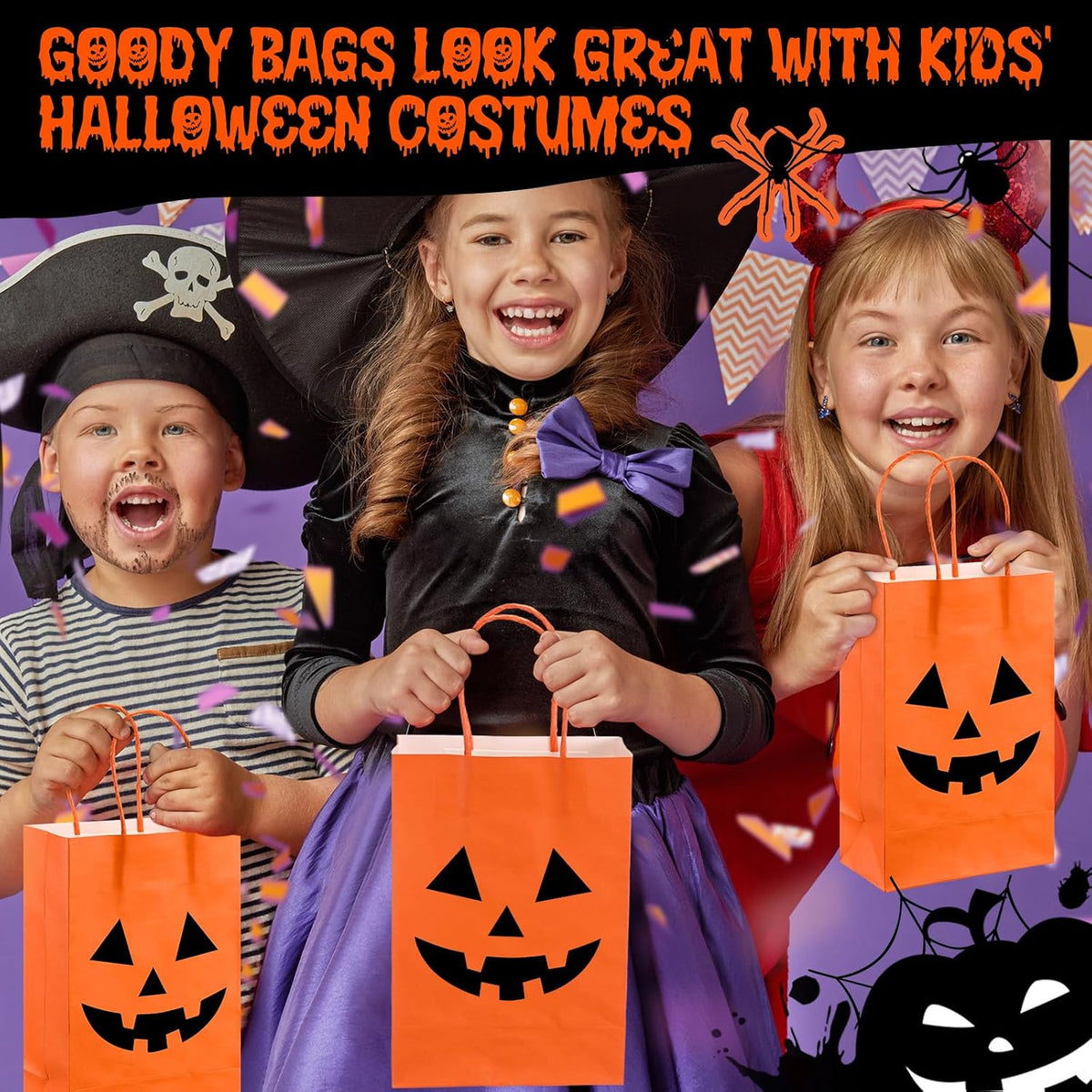 50 Pcs Halloween Pumpkin Gift Bags Kraft Paper with Handles