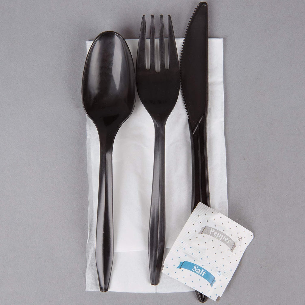 100 Plastic Cutlery Packets - Knife Fork Spoon Napkin Salt Pepper Sets | Black Silverware Sets Individually Wrapped