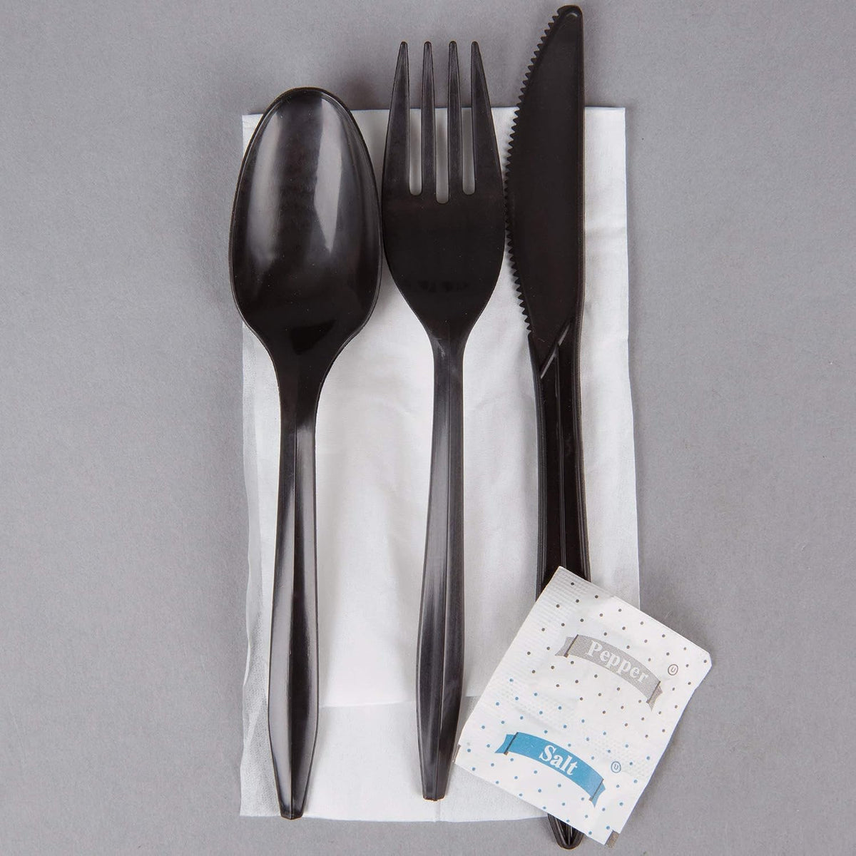 50 Plastic Cutlery Packets - Knife Fork Spoon Napkin Salt Pepper Sets | Black Plastic Silverware Sets Individually