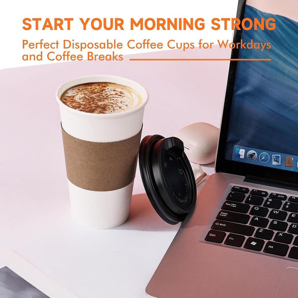 100 Pack 12 oz Disposable Coffee Cups with Lids and Sleeves,White