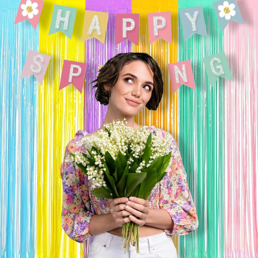 Tinsel Foil Fringe Curtains - 2Pcs 3.2x8.2ft Pastel Colourful Photo Backdrop for Christmas New Years Birthdays Easter