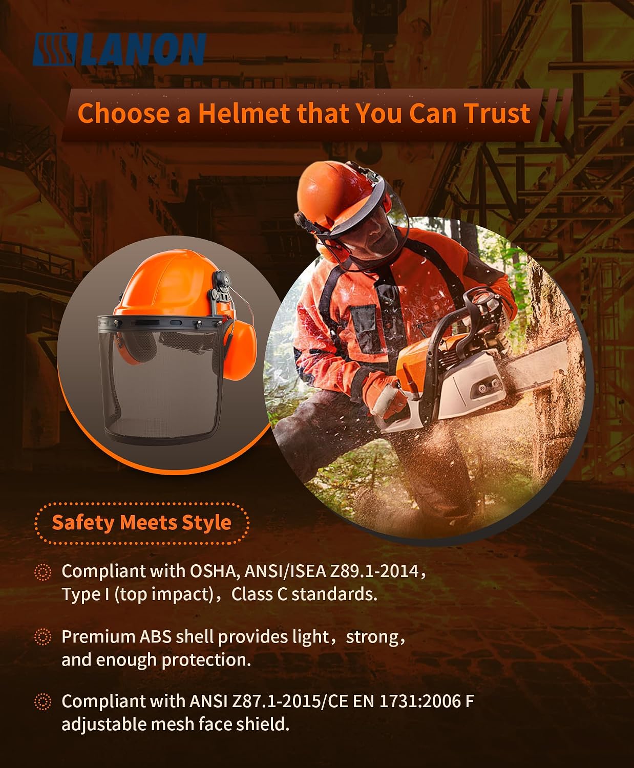 LANON Forestry Safety Helmet with Ear Muffs and Face Shield, Orange | ANSI Z89.1 Type I, Class C Hard Hat With