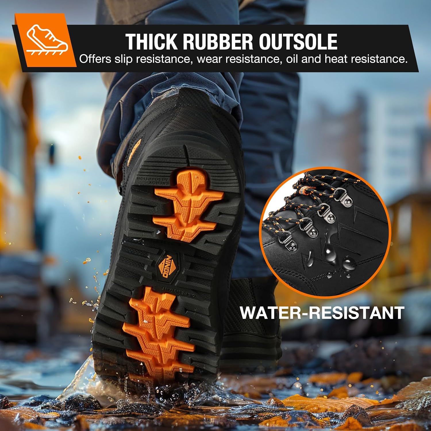 Mens Steel Toe Work Boots, Full Grain Leather, Oil and Slip Resistant, Puncture Proof Construction Boots with