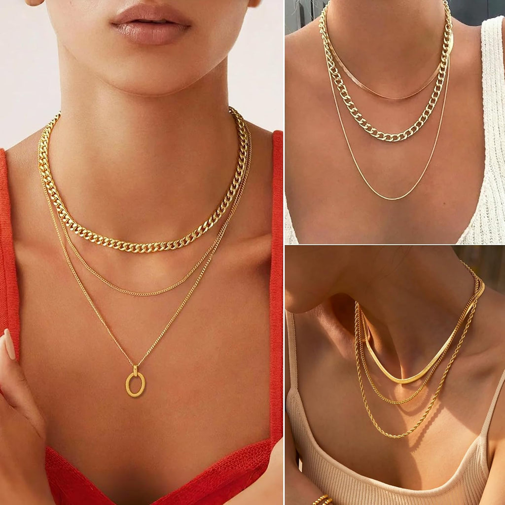 68 Pcs Gold Jewelry Set for Women with 7 Necklace, 17 Bracelet, 5 Hoop Earrings, 15 Stud Earrings, 24 Knuckle Rings