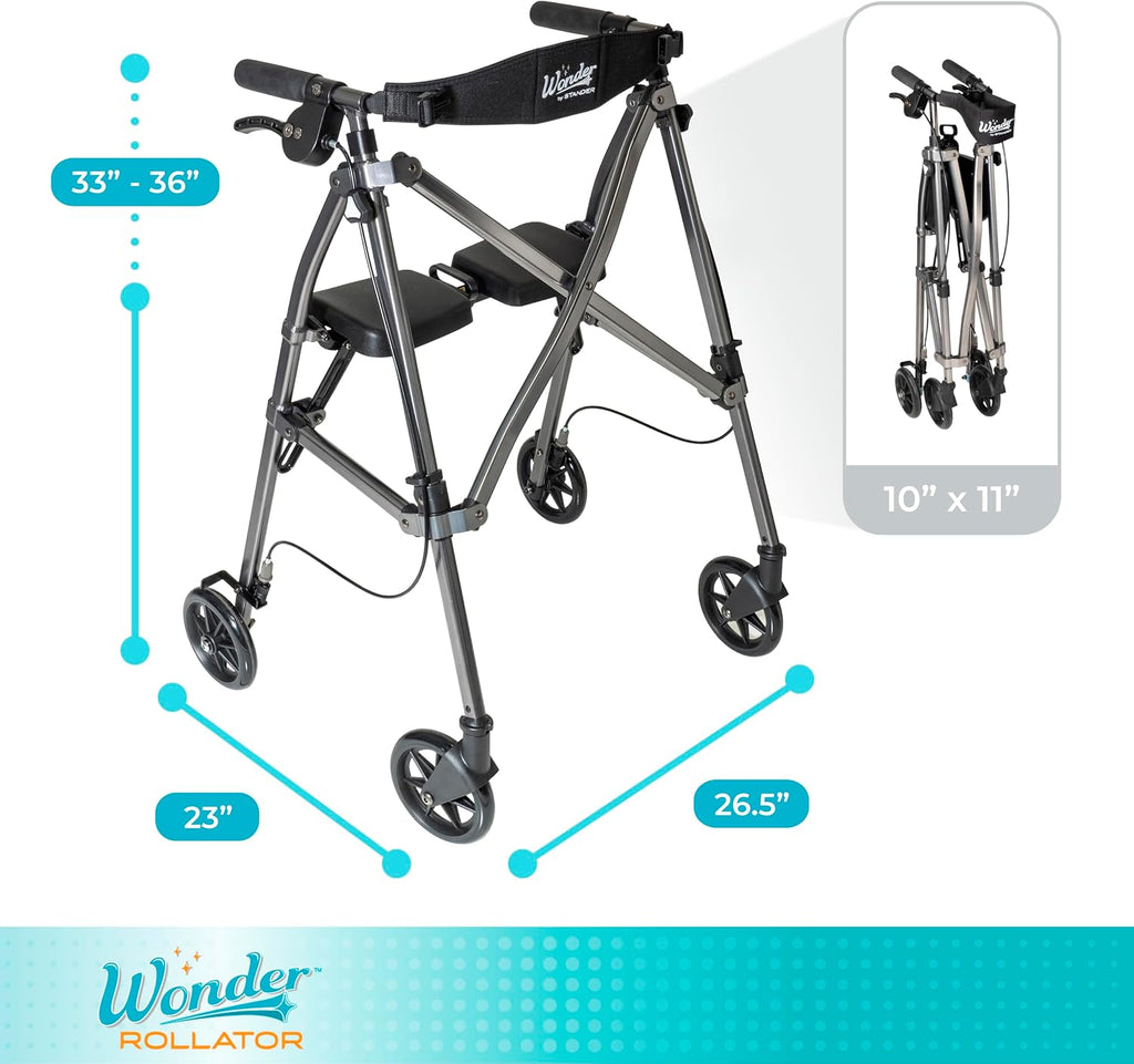 Stander Space Saver Rollator, Lightweight Folding Rolling Walker with Seat for Seniors & Adults, 4-Wheel Mobility Aid